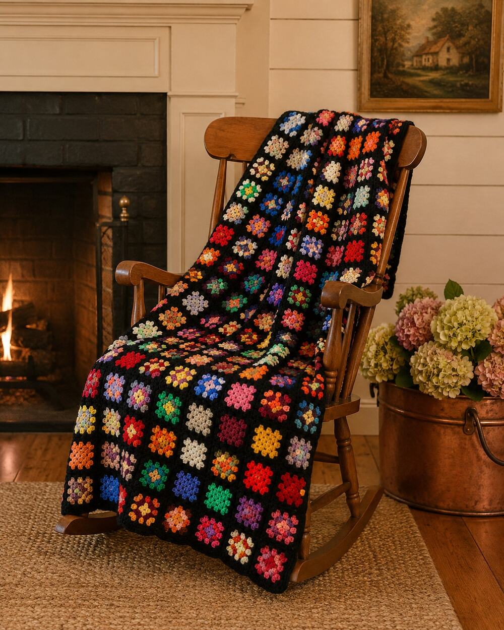 Vintage Handmade Granny Square Afghan Throw Black Crochet Blanket 78 x 52